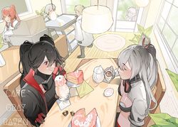  2boys 4girls alpha_(punishing:_gray_raven) animal_ears apron bambinata_(punishing:_gray_raven) black_apron black_dress black_footwear black_gloves black_hair black_jacket black_sports_bra cake cake_slice cat_ears chrome_(punishing:_gray_raven) commentary cup disposable_coffee_cup disposable_cup dress drooling english_commentary eyewear_around_neck fake_animal_ears fake_horns food gloves gradient_hair grey_hair grey_jacket hair_between_eyes highres holding holding_cup holding_plate holding_spoon horns ice_cream_cup jacket light_brown_hair long_hair lucia:_crimson_weave_(punishing:_gray_raven) lucia:_plume_(punishing:_gray_raven) lucia_(punishing:_gray_raven) mechanical_arms mouth_drool multicolored_hair multiple_boys multiple_girls open_mouth parted_bangs plate ponytail punishing:_gray_raven red_eyes red_hair shirt short_hair small_horns spoon sports_bra twintails two-tone_hair underwear vera_(punishing:_gray_raven) wanshi_(punishing:_gray_raven) watanabe_(punishing:_gray_raven) white_hair white_jacket white_shirt yongsadragon 