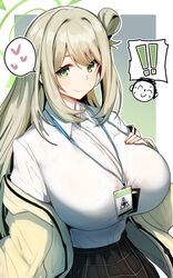  ! !! 1boy black_skirt blonde_hair blue_archive blush breasts collared_shirt doodle_sensei_(blue_archive) dress_shirt female gin_moku green_eyes hair_bun halo heart highres huge_breasts id_card jacket lanyard long_hair long_sleeves looking_at_viewer nonomi_(blue_archive) off_shoulder open_clothes open_jacket plaid plaid_skirt pleated_skirt sensei_(blue_archive) shirt single_side_bun skirt smile solo_focus spoken_heart white_shirt yellow_jacket 