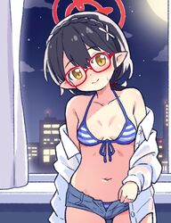  3: ayane_(blue_archive) ayane_(swimsuit)_(blue_archive) bare_shoulders bikini black_hair blue_archive blue_bikini blue_shorts blush braid breasts city_lights closed_mouth collarbone commentary_request cowboy_shot curtains denim denim_shorts double-parted_bangs dress_shirt female french_braid front-tie_bikini_top front-tie_top glasses halo head_tilt indoors long_sleeves looking_at_viewer low_ponytail micro_shorts moon navel night night_sky official_alternate_costume onyhakase open_clothes open_fly open_shirt pointy_ears red-framed_eyewear red_halo shirt shirt_partially_removed short_hair short_ponytail shorts sky small_breasts smile solo star_(sky) striped_bikini striped_clothes sweatdrop swimsuit white_shirt window 