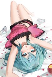  :o apple aqua_eyes aqua_hair armpits arms_up ay6as bare_arms bare_legs bare_shoulders bed_sheet breasts camisole collarbone commentary female food foreshortening fruit glass_footwear glass_slipper hair_between_eyes hair_down hatsune_miku highres lace-trimmed_camisole lace_trim long_hair looking_at_viewer lying medium_breasts on_back open_mouth petals pink_camisole pink_pillow polka_dot polka_dot_camisole red_apple romeo_to_cinderella_(vocaloid) shirt short_shorts shorts solo taut_clothes taut_shirt twitter_username underwear unworn_footwear upside-down vocaloid 