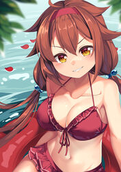  ahoge alternate_hairstyle bikini bikini_skirt blurry blurry_foreground blush breasts brown_hair cleavage commentary_request cosplay daiwa_scarlet_(trifle_vacation)_(umamusume) daiwa_scarlet_(umamusume) daiwa_scarlet_(umamusume)_(cosplay) female front-tie_bikini_top front-tie_top hair_between_eyes hair_flaps hairband highres kantai_collection large_breasts looking_at_viewer navel ocean outdoors red_bikini red_hairband red_innertube shiratsuyu_(kancolle) smile solo swimsuit trait_connection twintails umamusume v-shaped_eyebrows water yasume_yukito yellow_eyes 