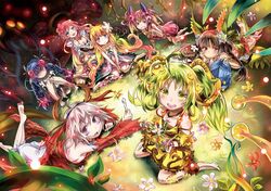  6+girls ahoge bare_shoulders barefoot black_hair blonde_hair blue_eyes blush braid breasts bridal_gauntlets brown_eyes brown_hair cleavage detached_sleeves dress duel_monster flower gradient_hair green_eyes green_hair grey_hair hair_flower hair_ornament horns jewelry long_hair looking_at_viewer medium_breasts medium_hair midriff multicolored_hair multiple_girls navel open_mouth orange_hair pink_hair pinko_(pinkuroao) pointy_ears purple_eyes purple_hair red_eyes red_hair second-party_source short_hair sitting smile traptrix_atrax traptrix_dionaea traptrix_mantis traptrix_myrmeleo traptrix_nepenthes traptrix_rafflesia traptrix_sera twintails very_long_hair yellow_dress yu-gi-oh! 