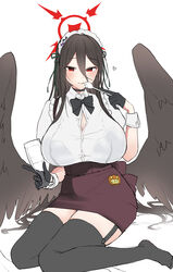  absurdres black_bow black_bowtie black_gloves black_hair black_thighhighs black_wings blue_archive bow bowtie breasts commentary_request cup emirio_(emirio110) feathered_wings female garter_straps gloves hair_between_eyes halo hasumi_(blue_archive) heart highres holding holding_cup holding_spoon huge_breasts long_hair looking_at_viewer low_wings maid_headdress mole mole_under_eye red_eyes shirt short_sleeves simple_background sitting solo spoon thighhighs very_long_hair white_background white_shirt wings 