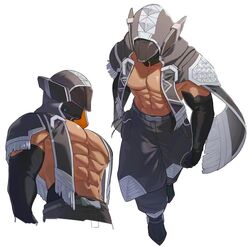  1boy abs bara bare_pectorals black_cloak black_footwear black_gloves black_pants cloak cyborg elbow_gloves gloves hakidashi_11 hood hood_up hooded_cloak male_focus masked muscular muscular_male pants pectorals phantasy_star phantasy_star_online_2 protagonist_(pso2) robot_ears solo white_background 