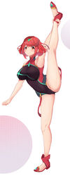  aqua_gemstone bare_shoulders black_one-piece_swimsuit breasts chest_jewel commentary_request competition_swimsuit covered_navel drop_earrings earrings female full_body gem headpiece highres jewelry kiiro_kimi kneepits large_breasts leg_lift leg_up legs looking_at_viewer official_alternate_costume one-piece_swimsuit pyra_(pro_swimmer)_(xenoblade) pyra_(xenoblade) red_eyes red_hair red_one-piece_swimsuit ribbed_swimsuit short_hair smile solo split standing standing_on_one_leg standing_split striped_clothes striped_one-piece_swimsuit swept_bangs swimsuit thighs tiara two-tone_swimsuit vertical-striped_clothes vertical-striped_one-piece_swimsuit xenoblade_chronicles_(series) xenoblade_chronicles_2 