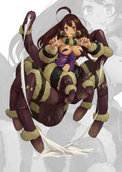  :3 absurdres ahoge arachne arms_up arthropod_girl arthropod_limbs black_fur brown_hair carapace closed_mouth commentary_request covered_nipples dark-skinned_female dark_skin female fingernails full_body hair_between_eyes highres long_hair looking_at_viewer monster_girl nail_polish navel original purple_eyes purple_nails shitoi_(aqua1487) silk solo spider_girl spider_web taur tongue tongue_out yellow_fur zoom_layer 