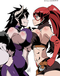  2girls abs bandeau belt black_eyes black_hair breast_press breasts brown_bandeau brown_belt brown_eyes brown_scarf brown_shorts closed_mouth commentary demon_girl dress elbow_gloves english_commentary gloves hair_between_eyes hands_on_own_hips highres huge_breasts ikusaba_maya isekai_one_turn_kill_nee-san:_ane_douhan_no_isekai_seikatsu_hajimemashita kilmaria_(ichigeki_ane) kukuruyo large_breasts long_hair looking_at_another multiple_girls muscular muscular_female parted_lips patreon_username plunging_neckline pointy_ears ponytail profile purple_dress red_gloves scarf short_dress short_shorts shorts shoulder_blush sideboob signature simple_background sleeveless sleeveless_dress smile standing symmetrical_docking very_long_hair white_background 