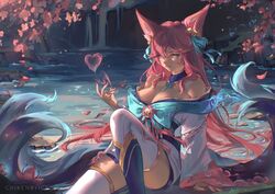  ahri_(league_of_legends) animal animal_ears artist_name bare_shoulders bell breasts chikenryice cleavage closed_mouth facial_mark female fingernails flower fox fox_ears fox_girl fox_tail grass green_ribbons hair_bell hair_between_eyes hair_ornament hair_ribbon heart highres knee_up large_breasts league_of_legends long_hair long_sleeves looking_at_viewer lotus multiple_tails official_alternate_costume official_alternate_hairstyle outdoors red_hair ribbon sitting smile solo spirit_blossom_ahri tail thighhighs tree water whisker_markings white_thighhighs wide_sleeves 