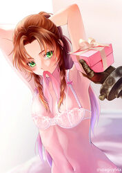  1boy aerith_gainsborough armpits arms_up artist_name breasts brown_hair cloud_strife female final_fantasy final_fantasy_vii final_fantasy_vii_remake green_eyes lingerie long_hair mouth_hold navel ponytail small_breasts solo_focus stomach sylvia_m twitter_username underwear 