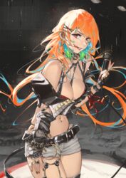  belt between_breasts black_nails bracelet breasts ear_piercing earrings fadingz female floating_hair highres hololive hololive_english jewelry large_breasts microphone midriff multicolored_hair nail_polish navel navel_piercing official_alternate_costume orange_hair piercing purple_eyes red_nails short_shorts shorts solo stomach strap_between_breasts streaked_hair takanashi_kiara thighs tongue tongue_out tongue_piercing virtual_youtuber white_shorts 