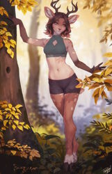  2023 5_fingers anthro antlers autumn black_bottomwear black_clothing black_shorts bottomwear breasts brown_body brown_eyes brown_fur brown_hair clothing colored crop_top day deer detailed_background digital_media_(artwork) female fingers forest full-length_portrait fur green_clothing green_crop_top green_shirt green_topwear hair hi_res hooves horn leaf mammal navel outside personalami plant portrait shirt short_hair shorts small_breasts solo standing tail topwear tree 