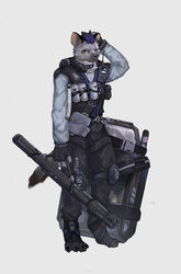  1boy absurdres arknights arm_behind_head digitigrade ear_piercing english_commentary fingerless_gloves furry furry_male gloves highres hyena_boy hyena_ears hyena_tail illuianagiros infection_monitor_(arknights) looking_at_viewer male_focus piercing scar scar_across_eye shield spot_(arknights) white_background 