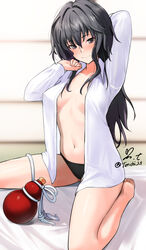  arm_behind_head arm_up barefoot black_hair black_panties blurry blurry_background blush breasts collared_shirt commentary_request dated depth_of_field dress_shirt female hair_between_eyes hand_up heart heart_in_eye highres indoors long_hair long_sleeves looking_at_viewer maji_de_watashi_ni_koi_shinasai! maji_de_watashi_ni_koi_shinasai!_s medium_breasts musashibou_benkei no_bra no_pants open_clothes open_shirt panties purple_eyes shirt signature sitting solo symbol_in_eye underwear wariza white_shirt yoo_tenchi 