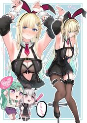  3girls absurdres aizawa_ema animal_ears aqua_hair armpits arms_up arurire asumi_sena asymmetrical_legwear bar_stool blonde_hair blue_eyes blunt_bangs blush border breasts center_opening chibi cleavage closed_mouth collar commission cosplay cross-laced_clothes detached_sleeves dress earrings embarrassed english_text flower frilled_collar frills glowstick gradient_hair hair_flaps hair_flower hair_ornament hairclip hand_fan heart heart_earrings heart_in_eye highres jewelry large_breasts long_hair looking_at_viewer mole mole_on_breast multicolored_hair multiple_girls necktie open_mouth parted_bangs pink_necktie pleated_dress purple_eyes rabbit_ears rabbit_pose ring short_necktie shoulder_strap simple_background single_leg_pantyhose skeb_commission skirt stool sweat symbol_in_eye thighs translation_request underboob very_long_hair virtual_youtuber vspo! white_border wrist_cuffs yakumo_beni yakumo_beni_(2nd_costume) yakumo_beni_(3rd_costume) yakumo_beni_(cosplay) 