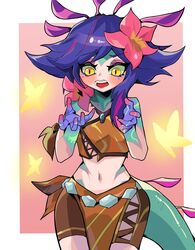  absurdres bare_shoulders beseunaj-jamjaneun_gemdol-i blue_hair breasts brown_shirt brown_shorts bug butterfly colored_skin crop_top female flower green_skin hair_flower hair_ornament hands_up highres league_of_legends long_hair midriff multicolored_hair navel neeko_(league_of_legends) shirt shorts slit_pupils small_breasts smile solo stomach tail teeth tongue 