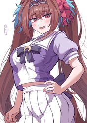  ... animal_ears blush bow brown_hair commentary_request cowboy_shot daiwa_scarlet_(umamusume) female hair_between_eyes hair_intakes hair_ornament hand_on_own_hip highres horse_ears horse_girl horse_tail itosu200 long_hair looking_at_viewer midriff_peek navel oerba_yun_fang open_mouth pleated_skirt puffy_short_sleeves puffy_sleeves purple_bow purple_shirt red_eyes red_hair ribbon sailor_collar school_uniform shirt short_sleeves simple_background skin_fang skirt solo spoken_ellipsis summer_uniform sweat tail tiara tracen_school_uniform umamusume very_long_hair white_background white_skirt 