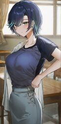  absurdres adjusting_skirt andra_nadila_(vloodozer) aqua_eyes artist_logo blue_hair blue_shirt blue_skirt blush breasts ear_piercing female hair_between_eyes highres large_breasts looking_at_viewer mole mole_on_cheek mole_on_neck mole_under_eye multicolored_hair original piercing shirt shirt_on_shoulders short_hair short_sleeves sidelocks skirt solo streaked_hair upper_body vloodozer white_shirt 