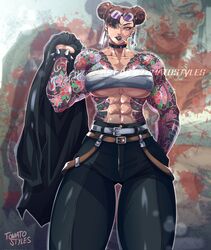  abs belt black_choker bracelet breasts chest_sarashi choker chun-li cigarette corrupted_twitter_file double_bun eyewear_on_head female full-body_tattoo hair_bun hair_ribbon highres jacket jewelry multiple_belts pants ribbon ryuu_ga_gotoku sarashi smoking_pipe spiked street_fighter tattoo tomato_styles underboob 