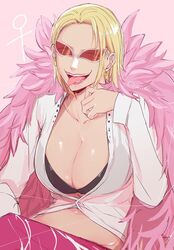  black_bra blonde_hair bra breasts cleavage coat donquixote_doflamingo earrings feather_coat female genderswap_(mtf) huge_breasts jewelry looking_at_viewer nashieda navel one_piece open_mouth pink_background pink_coat pink_lips red-tinted_eyewear rule_63 shirt short_hair simple_background sitting smile solo sunglasses thread tinted_eyewear tongue tongue_out underwear white-framed_eyewear white_shirt 