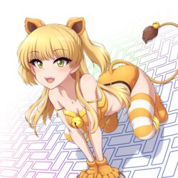  akai_(riaakai) animal_hands bell blonde_hair blush boots commission female gloves green_eyes horizontal-striped_thighhighs idolmaster idolmaster_cinderella_girls jingle_bell jougasaki_rika long_hair open_mouth orange_footwear orange_shorts paid_reward_available paw_gloves shorts simple_background skeb_commission solo striped_clothes striped_thighhighs tail teeth thighhighs two_side_up upper_teeth_only white_background yellow_stripes 