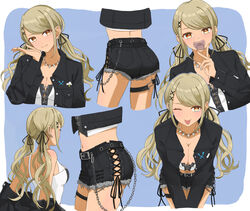  ass bare_shoulders belt belt_buckle black_belt black_jacket black_ribbon black_shorts blonde_hair border breasts breasts_squeezed_together buckle buttoned_cuffs buttons chains cleavage closed_mouth collared_jacket ear_piercing earrings eyelashes fang_out female fnokanata from_behind grey_background gyaru hair_ornament hair_ribbon highres jacket jacket_partially_removed jewelry kaminari_qpi kaminari_qpi_(3rd_costume) leaning_forward lightning_bolt_earrings lightning_bolt_piercing lightning_bolt_symbol long_hair long_sleeves looking_at_viewer low_twintails medium_breasts midriff multiple_earrings nail_polish navel necklace no_bra oerba_yun_fang one_eye_closed open_clothes open_hand open_jacket orange_eyes orange_nails outside_border pacifier parted_bangs piercing pocket ribbon shirt short_shorts shorts shoulder_blades side-tie_shorts sidelocks skin_fang sleeveless spiked_necklace stomach swept_bangs tank_top thigh_strap thighs tongue tongue_out twintails undressing v v_over_mouth virtual_youtuber vspo! wavy_ends white_border white_shirt white_tank_top x_hair_ornament 