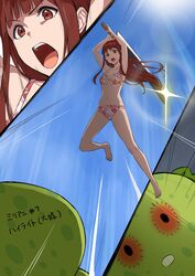  1other absurdres armpits arms_up barefoot bikini blue_sky breasts brown_eyes brown_hair chupacabra_(idolmaster) collarbone commentary_request day emphasis_lines female frilled_bikini frills hairband highres holding holding_sword holding_weapon idolmaster idolmaster_million_live! imminent_death jumping legs long_hair looking_at_another medium_breasts midair mugenpai navel open_mouth outdoors pink_bikini print_bikini red_hairband sidelocks sky sparkle stomach swimsuit sword tanaka_kotoha thighs translation_request v-shaped_eyebrows weapon 