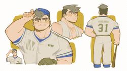  1boy absurdres all_saints_street back bara baseball_bat baseball_cap baseball_jersey baseball_mitt baseball_uniform clip_studio_paint_(medium) damao_(all_saints_street) english_text eyebrow_cut fang_out full_body grey_hair hat hat_tip highres holding holding_baseball_bat jersey large_pectorals looking_to_the_side male_focus multiple_views muscular muscular_male oerba_yun_fang official_alternate_costume pectorals short_hair simple_background smile sportswear sweat thick_eyebrows topless_male towel towel_around_neck undercut upper_body white_towel yellow_eyes yogireji 