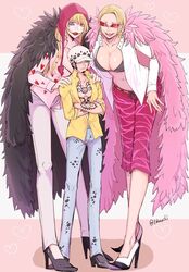  1boy 2girls arm_tattoo black_bra blonde_hair bra breasts chest_tattoo cleavage closed_mouth coat collarbone commentary_request crossed_arms denim donquixote_doflamingo donquixote_rocinante earrings facial_hair facial_tattoo feather_coat full_body genderswap_(mtf) goatee hands_on_another&#039;s_shoulders hat heart heart_print height_difference high_heels huge_breasts jeans jewelry lipstick long_hair looking_at_another makeup multiple_girls nashieda navel one_piece open_clothes open_mouth open_shirt pants pectorals pink_coat red-tinted_eyewear red_lips rule_63 shirt shoes short_hair siblings sisters size_difference smile standing sunglasses tattoo tinted_eyewear trafalgar_law underwear white-framed_eyewear yellow_eyes yellow_shirt 