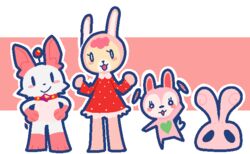  alien antennae_(anatomy) anthro armless clothed clothing cocoro_no_cocoron crossover dotted_dress doubutsu_jima_no_chobigurumi dress female fur group hair lagomorph legless leporid lollo mammal mimi net_de_get:_minigame_@100 pink_body pink_fur pink_hair rabbit rapi red_clothing red_dress remloww star_communicator white_body white_fur 