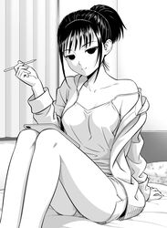  alternate_hairstyle arm_support breasts camisole closed_mouth collarbone commentary_request curtains empty_eyes feet_out_of_frame female greyscale hand_up highres holding holding_stylus ichikawa_masahiro indoors jacket long_sleeves looking_at_viewer mima_sachi monochrome on_bed open_clothes open_jacket pillow short_hair short_ponytail shorts sidelocks single_bare_shoulder sitting smile solo strap_slip stylus tablet_pc watashi_ga_motenai_no_wa_dou_kangaetemo_omaera_ga_warui! zipper 