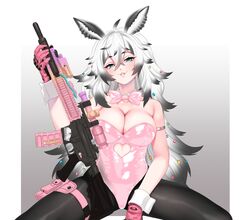  absurdres ahoge animal_ears arm_strap assault_rifle belt black_hair black_pantyhose blue_eyes bow bowtie breasts clothing_cutout collar colored_tips detached_collar female gloves grey_hair gun hair_between_eyes hair_ornament highres holding holding_gun holding_weapon indie_virtual_youtuber large_breasts leotard long_hair m4_carbine m4_sopmod_ii mr_bowater multicolored_hair pantyhose pink_belt pink_bow pink_bowtie pink_gloves pink_leotard playboy_bunny pouch rifle sea_slug_girl solo spread_legs stomach_cutout strapless strapless_leotard thigh_belt thigh_pouch thigh_strap umi_runa_(vtuber) virtual_youtuber weapon white_collar white_wrist_cuffs wrist_cuffs 