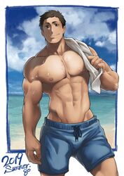  1boy 2019 8_(yamalu) abs bara beach black_hair blue_male_swimwear closed_mouth cloud haikyuu!! highres holding holding_clothes holding_shirt large_pectorals looking_at_viewer male_focus male_swimwear muscular muscular_male navel nipples outdoors pectorals sawamura_daichi shirt short_hair sky smile solo topless_male unworn_shirt water wet 