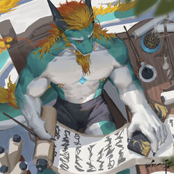  1:1 2_horns absurd_res anthro awaldkize blonde_hair blue_body clothed clothing dragon eastern_dragon hair hi_res holding_scroll horn male multicolored_hair muscular muscular_anthro muscular_male mythological_creature mythological_scalie mythology nipple_piercing nipple_ring nipples orange_hair piercing ring_piercing scalie sitting solo tail topless two_tone_hair whiskers white_body yellow_eyes 