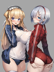  2girls :d absurdres ass ass_grab black_thighhighs blonde_hair blue_buruma blue_eyes blue_jacket blush breast_press breasts buruma commentary_request covered_navel covered_nipples fletcher_(kancolle) grabbing_own_ass grey_background grey_eyes grey_hair gym_shirt gym_uniform hair_flaps hair_ornament hair_over_one_eye hair_ribbon hairband hamakaze_(kancolle) highres jacket kantai_collection large_breasts long_hair looking_at_viewer medium_breasts multiple_girls open_mouth parted_lips red_jacket ribbon shirt short_hair simple_background smile standing star_(symbol) star_hair_ornament thighhighs thighs torisan white_shirt white_thighhighs 