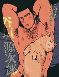  1boy animal armpit_hair armpits arms_up bara bed black_eyes black_fundoshi black_hair blush buzz_cut canine chest_hair dog_on_lap facial_hair from_above fundoshi golden_kamuy japanese_clothes long_sideburns looking_at_viewer lying male_focus male_underwear muscular muscular_male nipples on_back on_bed pectorals presenting_armpit ryu_(golden_kamuy) sa2sugu shiba_inu short_hair sideburns solo tanigaki_genjirou thick_eyebrows translated underwear underwear_only upper_body very_short_hair 