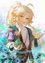  1boy absurdres bell belt blonde_hair blue_belt blue_flower blue_jacket chinese_clothes collar fingernails flower gloves hair_ornament hair_stick half_gloves high_ponytail highres holding holding_rock honkai:_star_rail honkai_(series) jacket leleyoukuailele long_hair looking_at_viewer male_focus medallion red_ribbon ribbon rock smile solo tassel teeth transparent_flower white_background white_collar white_undershirt yanqing_(honkai:_star_rail) yellow_eyes 