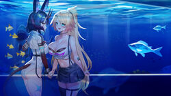  2girls animal_ears aquarium arm_tattoo ass bipsygg black_bra black_hair black_skirt blonde_hair blue_eyes bra breasts camisole choker cleavage collarbone commission crop_top crystal fish gloves gradient_hair hair_between_eyes hair_ornament highres holding_hands horns indie_virtual_youtuber jewelry kaiend large_breasts leotard long_hair midriff millennium_ring multicolored_hair multiple_girls navel necklace obkatiekat obkatiekat_(1st_costume) oerba_yun_fang oni_horns open_mouth pink_hair ponytail red_eyes reflection shark shirt short_hair single_thighhigh skirt suspender_skirt suspenders tattoo thigh_strap thighhighs underwear virtual_youtuber water white_camisole white_gloves white_leotard white_shirt yu-gi-oh! 