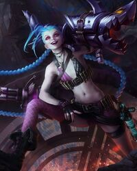  :d arm_up bare_arms bare_shoulders belt black_belt black_gloves black_nails braid bullet bullet_necklace female fingerless_gloves flat_chest gatling_gun gloves highres jinx_(league_of_legends) league_of_legends long_hair looking_at_viewer minigun nail_polish navel no_tattoo pink_eyes pink_lips pink_shorts pink_thighhighs rocket_launcher shoes shorts single_thighhigh smile solo teeth thighhighs twin_braids twintails very_long_hair weapon 