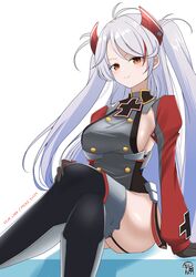  absurdres ahoge arm_support asymmetrical_bangs azur_lane black_gloves black_thighhighs breasts brown_eyes buttons character_name closed_mouth commentary_request copyright_name cross crossed_legs double-breasted female garter_straps gloves grey_hair grey_shirt hand_on_own_knee headpiece highres iron_cross long_hair looking_at_viewer medium_breasts motodouryou multicolored_hair parted_bangs partial_commentary prinz_eugen_(azur_lane) red_hair shirt shrug_(clothing) sideboob signature simple_background sitting smile solo streaked_hair thighhighs thighs two-tone_hair two_side_up white_background 