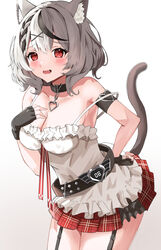  absurdres animal_ear_fluff animal_ears belt black_belt black_collar black_garter_straps black_gloves black_hair blush braid breasts camisole cat_ears cat_girl cat_tail christmas cleavage collar commentary female fingerless_gloves garter_straps gloves grey_hair hand_on_own_chest highres hololive kaminose_(user_veum4325) large_breasts looking_at_viewer miniskirt multicolored_hair oerba_yun_fang open_mouth pendant_collar red_skirt sakamata_chloe sakamata_chloe_(1st_costume) single_braid skirt smile solo streaked_hair tail virtual_youtuber white_camisole 