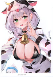  2021 absurdres alternate_costume animal_print bell blush breasts buttons cleavage cow_hood cow_print cow_tail fake_horns fake_tail female green_eyes grey_hair hand_up highres hololive hood horns large_breasts long_sleeves looking_at_viewer mole mole_on_breast neck_bell scan shirogane_noel short_hair smile tail teeth upper_teeth_only virtual_youtuber watao white_background 