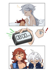  ! 2girls alarm_clock breasts cleavage clock closed_eyes closed_mouth commentary_request cup gargling gundam gundam_suisei_no_majo hickey highres holding holding_cup holding_toothbrush jia_ma long_hair messy_hair miorine_rembran morning multiple_girls nude pajamas pillow profile red_hair sleeping spitting suletta_mercury thick_eyebrows toothbrush under_covers waking_up white_hair yuri 