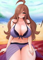  absurdres ahoge beach beach_towel bikini blush breasts brown_eyes brown_hair female hair_over_one_eye highres huge_breasts kono_subarashii_sekai_ni_shukufuku_wo! lap_pillow_invitation long_hair looking_at_viewer messy_hair navel purple_bikini sand sitting swimsuit the_only_shoe towel very_long_hair wiz_(konosuba) 