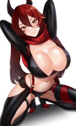  bodysuit breasts cleavage female goddess_of_victory:_nikke hair_between_eyes highres hip_vent horns large_breasts leather leather_pants long_hair long_sleeves looking_at_viewer mechanical_horns navel pants red_hair red_hood_(nikke) red_scarf scarf shiny_clothes skin_tight smile solo volyz yellow_eyes 