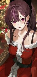  absurdres bare_shoulders blush breasts brown_hair christmas christmas_tree cleavage collarbone commentary dress earrings female fur-trimmed_dress fur_trim heart heart_earrings highres jewelry jururu long_hair long_sleeves looking_at_viewer medium_breasts multicolored_hair ori_(0rizuru) purple_eyes purple_hair red_dress santa_costume single_earring smile solo streaked_hair two-tone_hair virtual_youtuber waktaverse 