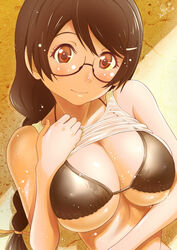  bikini bikini_top_only bikini_under_clothes braid breasts brown_bikini brown_eyes brown_hair cleavage closed_mouth clothes_lift commentary_request covered_nipples female glasses hair_ornament hairclip hanekawa_tsubasa huumoon kizumonogatari large_breasts long_hair looking_at_viewer monogatari_(series) shirt shirt_lift single_braid smile solo swimsuit white_shirt 