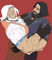  2boys ascot ass_grab bara beard black_gloves black_hair blue_eyes brooch cowboy_shot dark-skinned_male dark_persona dark_skin dual_persona eye_contact facial_hair food food_in_mouth gloves highres incoming_pocky_kiss jewelry jp_(street_fighter) large_pectorals long_hair looking_at_another male_focus mature_male moustache mouth_hold multiple_boys muscular muscular_male old old_man open_mouth pectoral_docking pectoral_press pectorals pocky pocky_in_mouth print_shirt red_background sa1k0p shirt street_fighter street_fighter_6 sweatdrop thick_eyebrows thick_mustache veins vest white_hair 