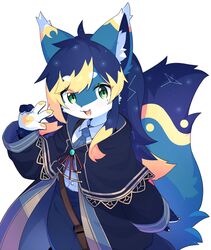  ahoge animal_ear_fluff animal_ears ascot blonde_hair blue_ascot blue_hair blue_pants capelet cat_ears cat_tail claws constellation dev_voxy female furry furry_female green_eyes highres long_hair looking_at_viewer mole mole_under_eye multicolored_hair oerba_yun_fang open_mouth original pants patterned_hair pawpads second-party_source shirt_tucked_in sidelocks simple_background solo tail w white_background 