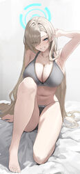  absurdres alternate_costume armpits asuna_(blue_archive) bare_arms bare_legs bare_shoulders barefoot bed_sheet blue_archive blue_eyes blue_halo blush breasts cleavage collarbone commentary eyes_visible_through_hair feet female grey_panties grey_sports_bra grin hair_over_one_eye halo highres knee_up large_breasts legs light_brown_hair long_hair looking_at_viewer mole mole_on_breast navel num_s1x panties sitting smile solo sports_bra stomach toenails toes underwear underwear_only very_long_hair 