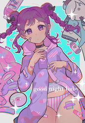  absurdres bandaid bandaid_on_face bandaid_on_leg black_bow bow braid cameo candy cd character_doll closed_mouth commentary_request cowboy_shot denonbu double_bun female food hair_bun highres holding holding_phone hood hood_down hooded_jacket inubousaki_shian jacket long_hair long_sleeves looking_at_viewer lying maomaomao_(yukoyort) minakami_hina on_back outline panties partially_unbuttoned phone pill pill_bottle plastic_bottle purple_eyes purple_hair purple_jacket sakurano_mimito solo song_name sparkle striped_clothes striped_panties stuffed_animal stuffed_chicken stuffed_rabbit stuffed_toy teeth twin_braids underwear unworn_shirt 